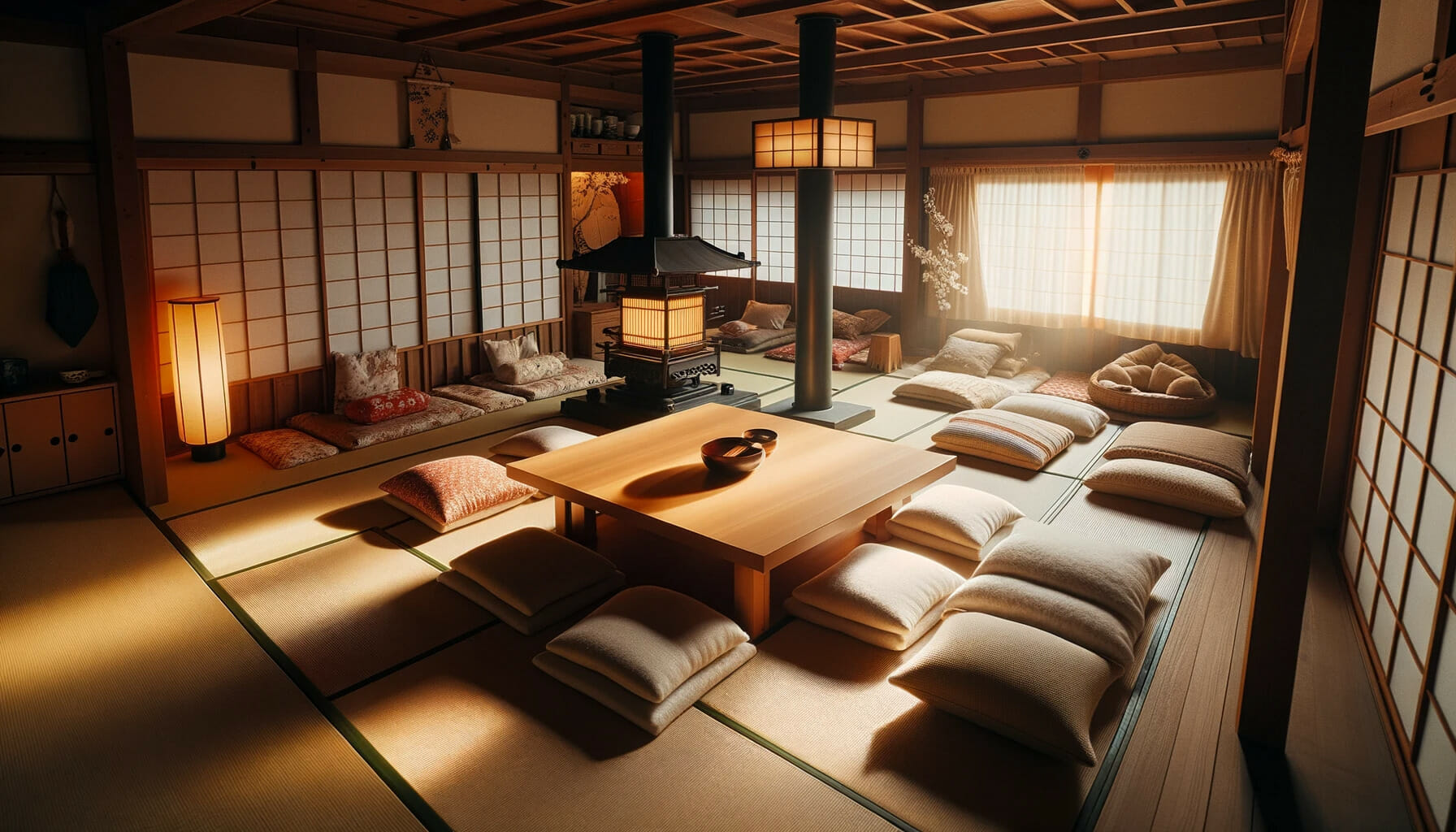 A Japanese style living room with a kotatsu and chabudai.