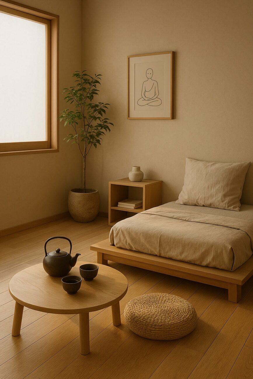 A Japanese Minimalist Bedroom featuring a bed, wooden furniture, and a potted plant creates serene simplicity. A framed artwork adorns the wall, while a round table with a teapot and cups sits invitingly near a cushion. Natural light pours in through the window.