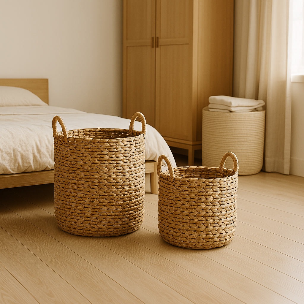 Two woven baskets of different sizes grace the wooden floor in a Japanese minimalist bedroom, nestled next to a bed and wardrobe.