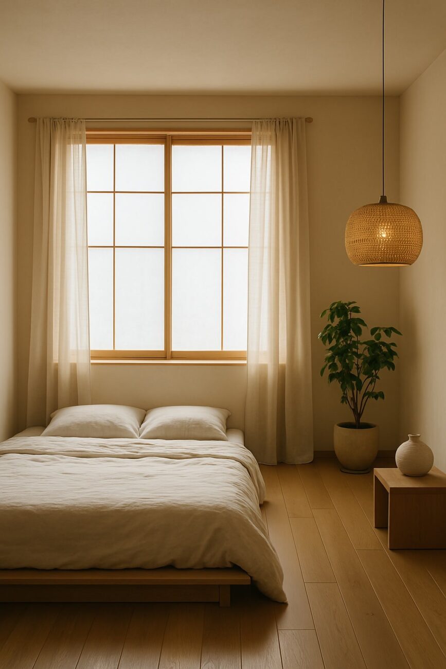 Japanese minimalist bedroom featuring a low bed with white bedding and a potted plant. Soft light filters through sheer curtains covering a large window, while a woven pendant lamp elegantly hangs from the ceiling.