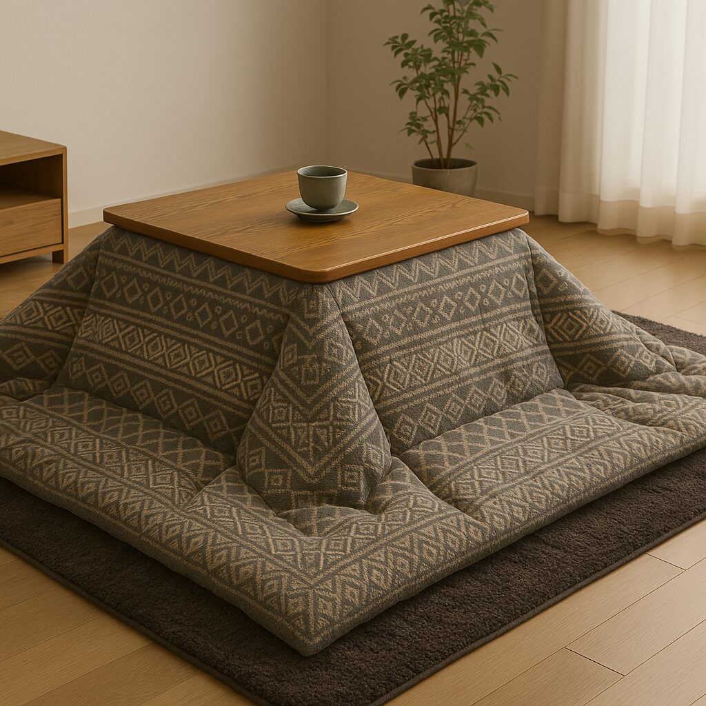 A wooden table adorned with the best Kotatsu futon blanket rests atop a floor mat, accompanied by a cup and framed by a plant in the background.