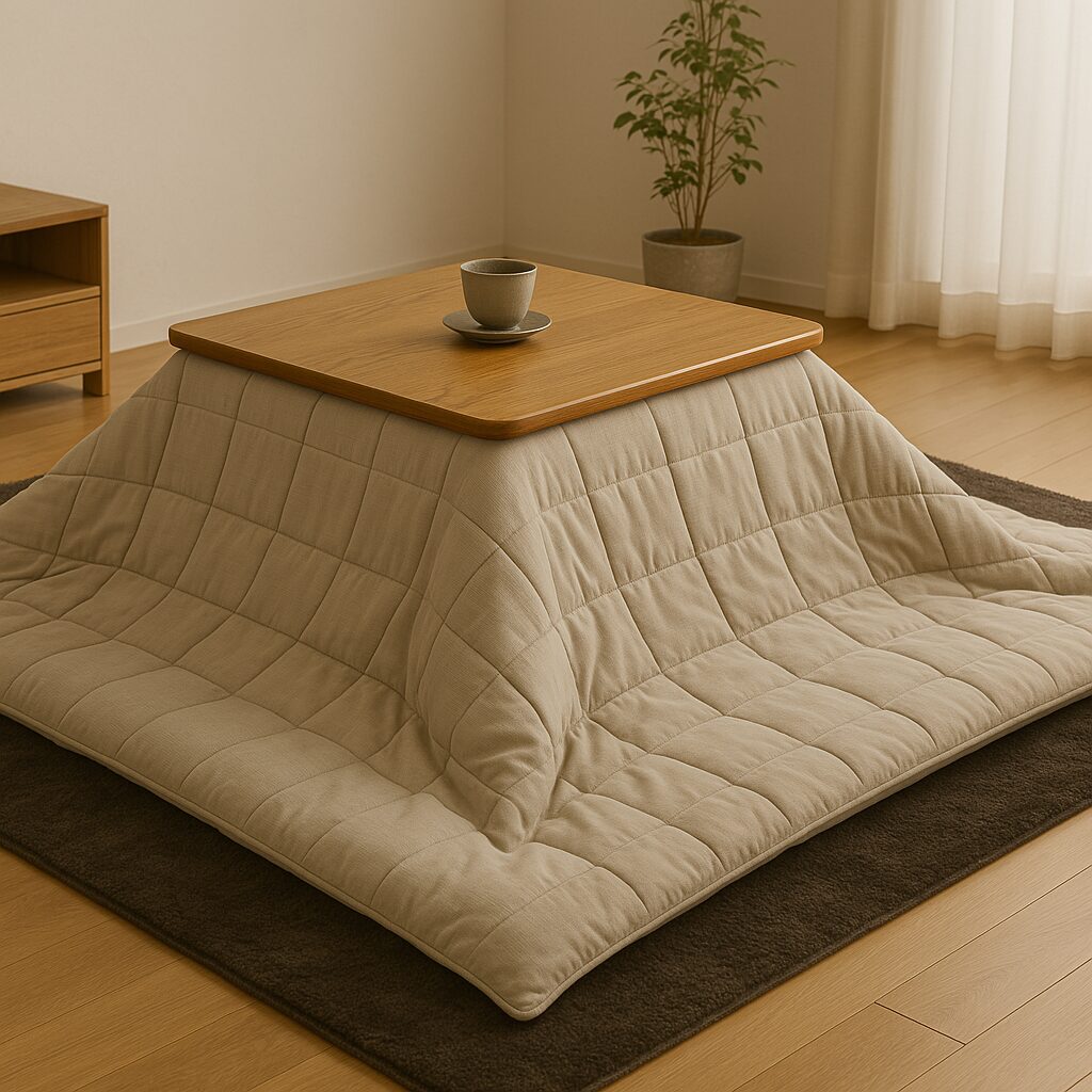 A wooden table features the best kotatsu futon blanket draped over it, resting on a dark carpet. A cup sits elegantly on the tabletop, while a small potted plant graces the background near a window.
