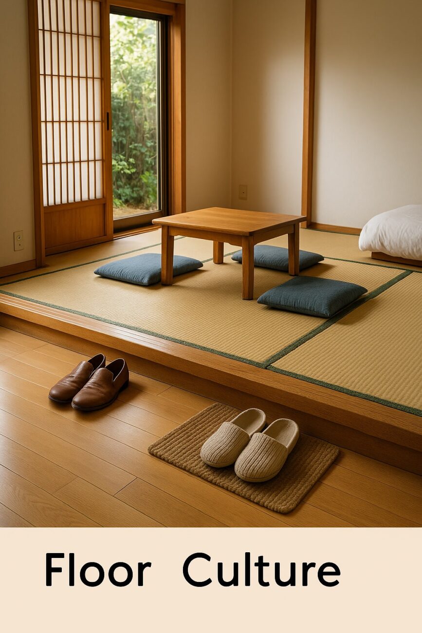 A Japanese-style room embracing floor culture features tatami mats, a low wooden table, and cushions. Shoes and slippers are neatly placed on a mat near the entrance.