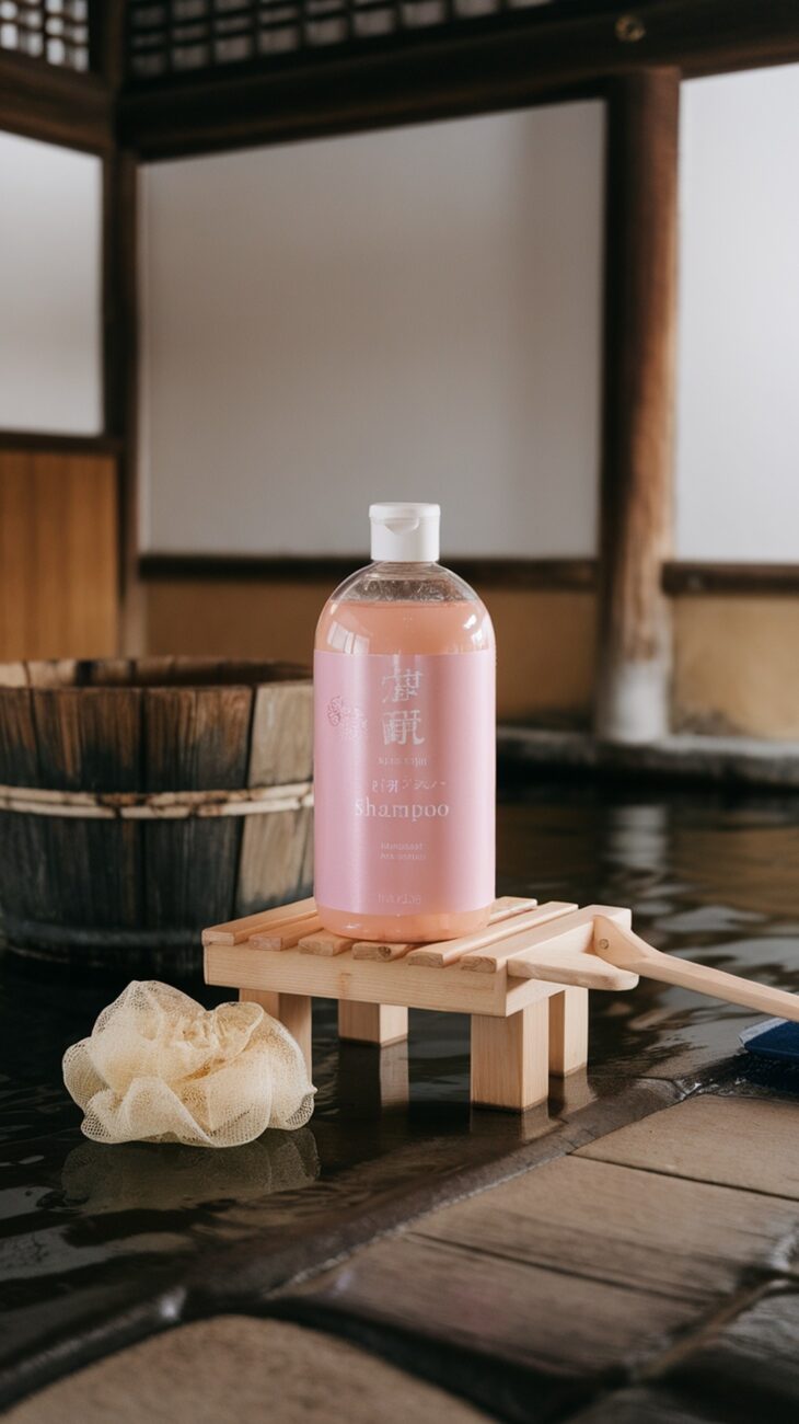 A bottle of pink Japanese shampoo brands rests on a small wooden platform in a traditional bathhouse setting, accompanied by a wooden bucket and a loofah.