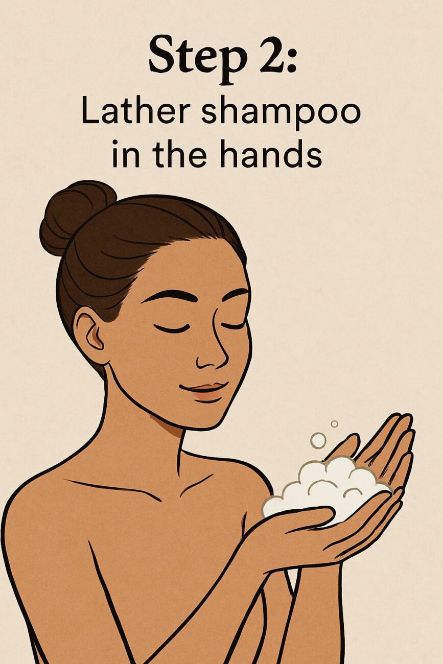 Illustration of a person with closed eyes, expertly lathering shampoo in their hands. Text reads: "Step 2: Lather shampoo in the hands, embracing the Japanese wash hair ritual.
