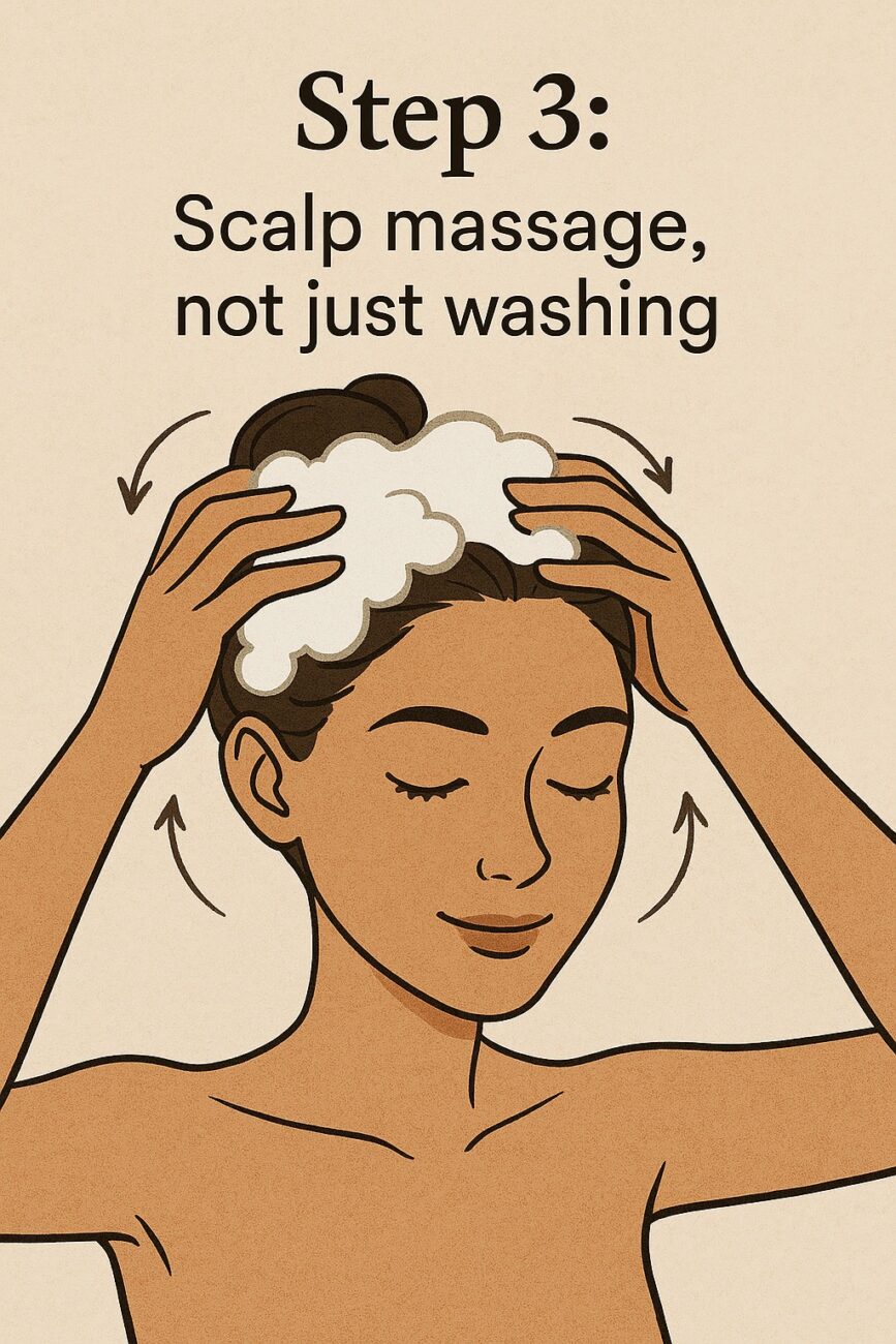 Illustration of a person massaging shampoo into their scalp, following the Japanese wash hair technique. Arrows indicate the circular finger motion. Text reads: "Step 3: Scalp massage, not just washing.