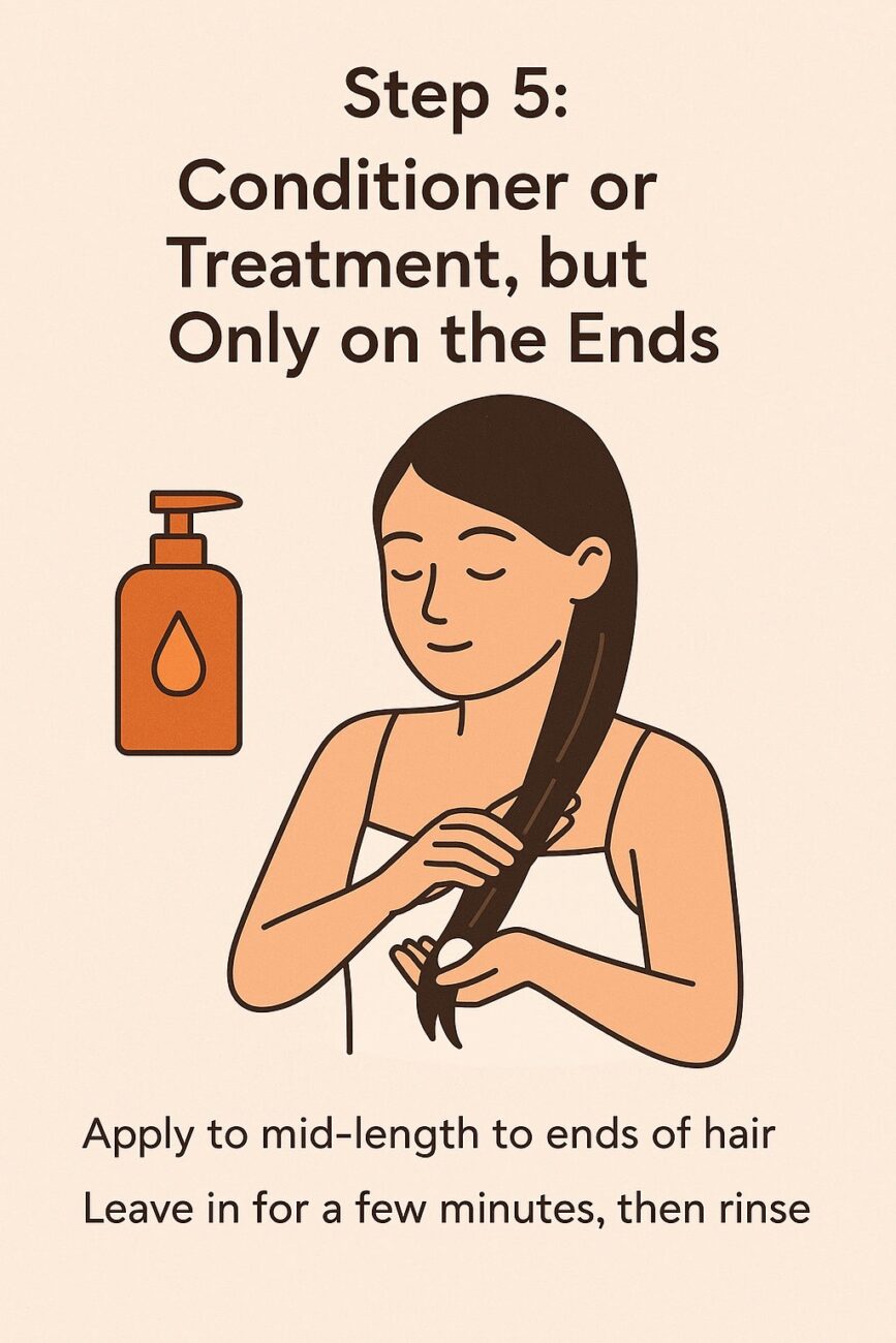 Illustration of a woman following the Japanese wash hair method, applying conditioner to the ends of her hair. Text reads: "Step 5: Conditioner or Treatment, but Only on the Ends. Apply to mid-length to ends of hair, then rinse.