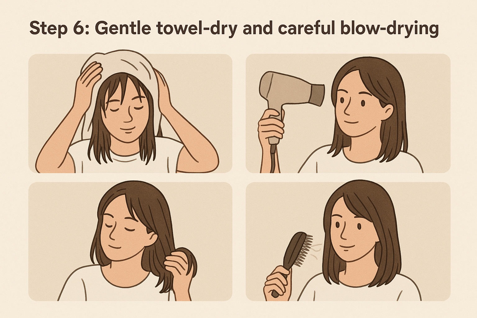 Illustrated guide showing a person towel-drying their hair, holding a blow-dryer, and smoothing it with their hands before brushing with a hairbrush, reminiscent of the meticulous precision found in a Japanese wash hair routine.