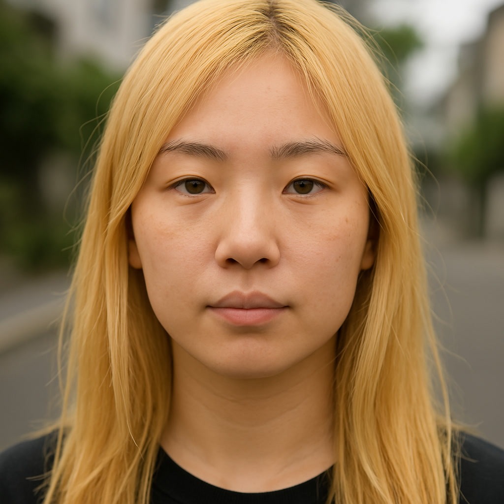 A person with straight blonde hair and a neutral expression stands in an outdoor setting, with a blurred street and greenery in the background.