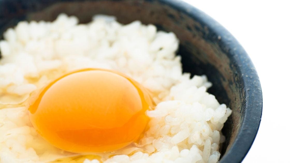 An egg in a bowl of rice.