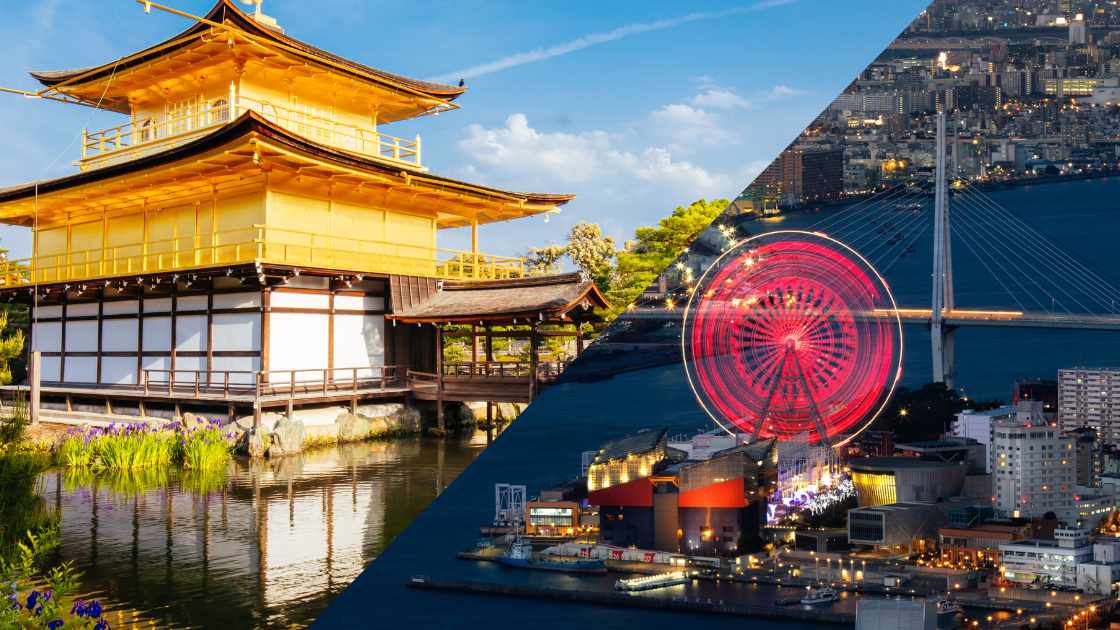 Japanese pagoda and a city with a ferris wheel.