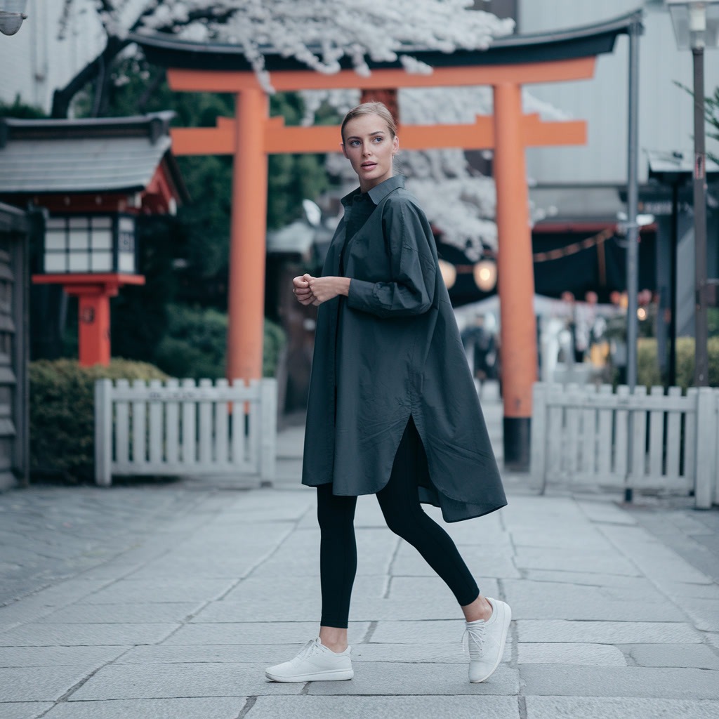 A person in a long dark shirt, black leggings, and white sneakers walks on a stone path near a red torii gate and traditional Japanese buildings, showing that you can wear leggings in Japan while exploring cultural sites.