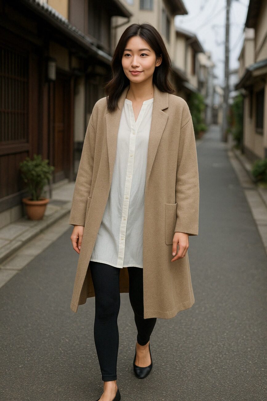 A woman wearing a beige coat, white shirt, black leggings, and black flats walks down a narrow street lined with traditional buildings, showing that you can wear leggings in Japan with stylish ease.