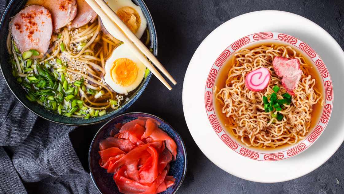 Japanese ramen on a table with chopsticks.