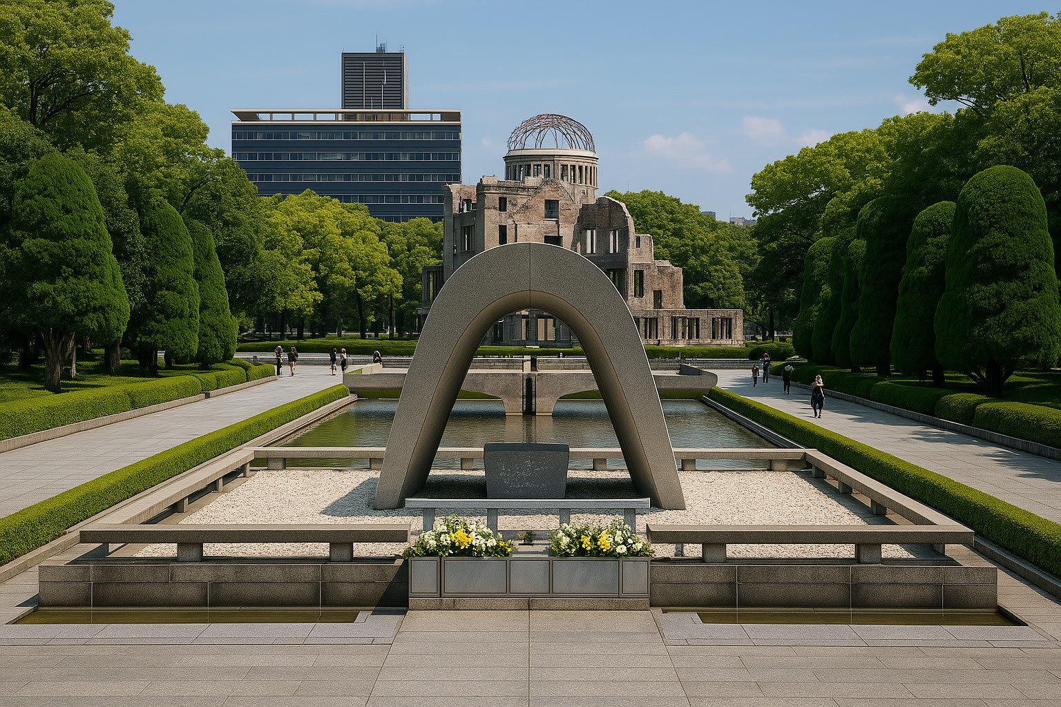 Peace Memorial Park in Hiroshima, featuring the cenotaph and the Atomic Bomb Dome in the background, with neatly trimmed trees and pathways.