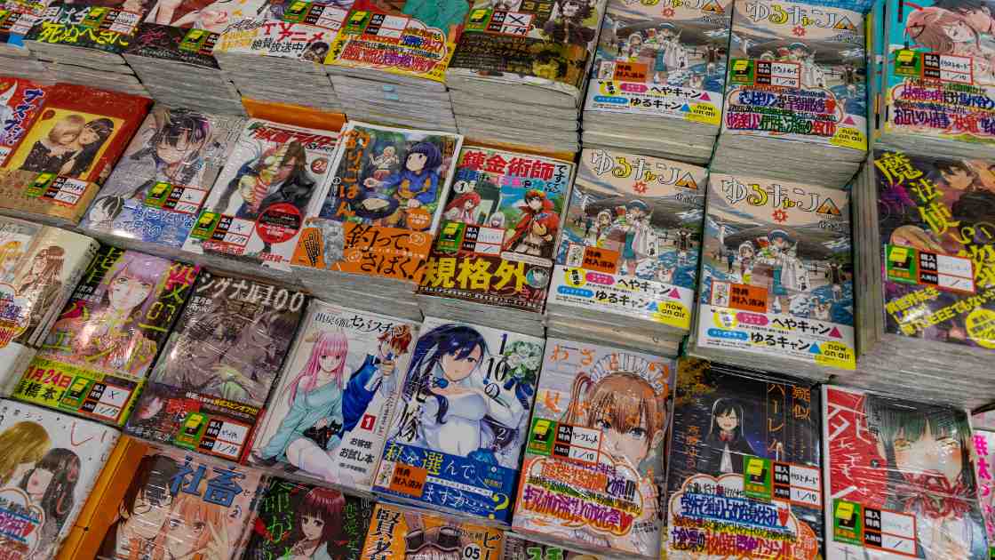 A display of manga and anime books in a store.