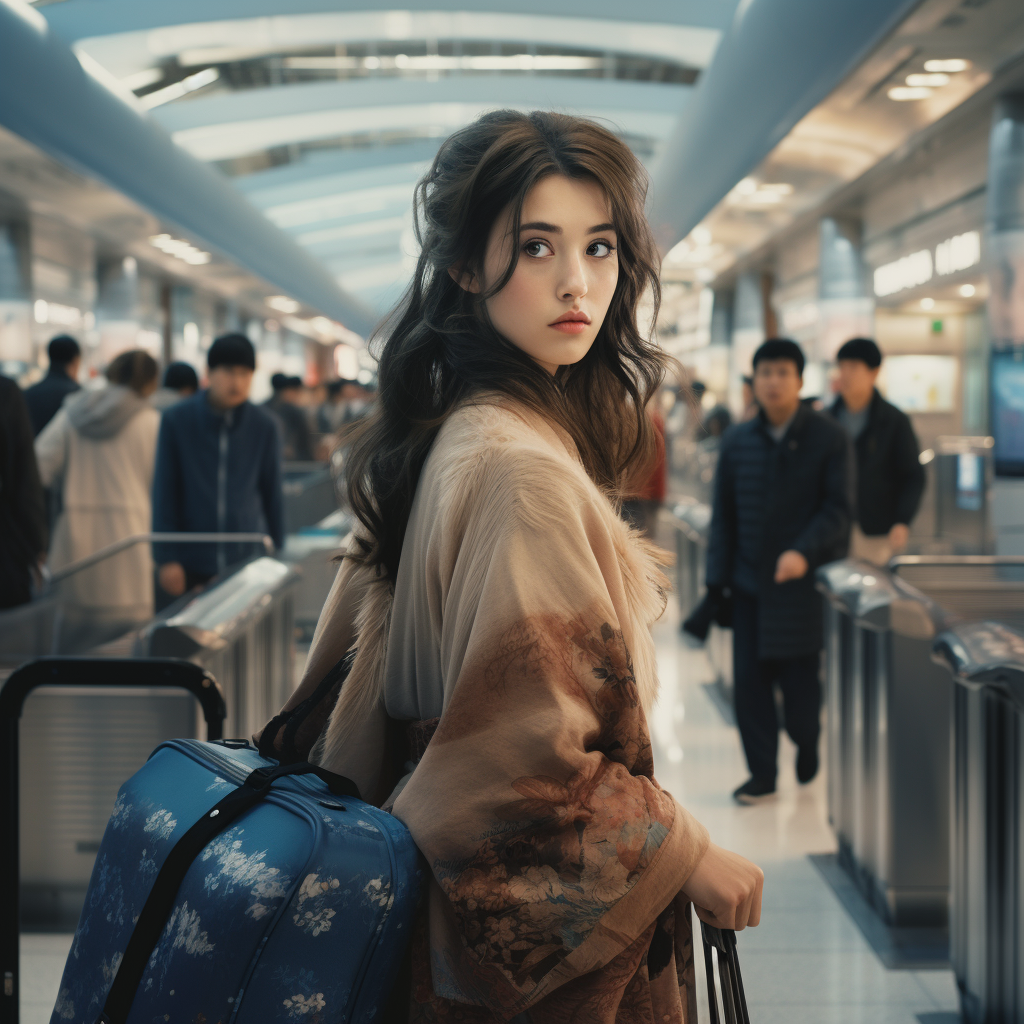 A woman in a kimono walking through an airport.