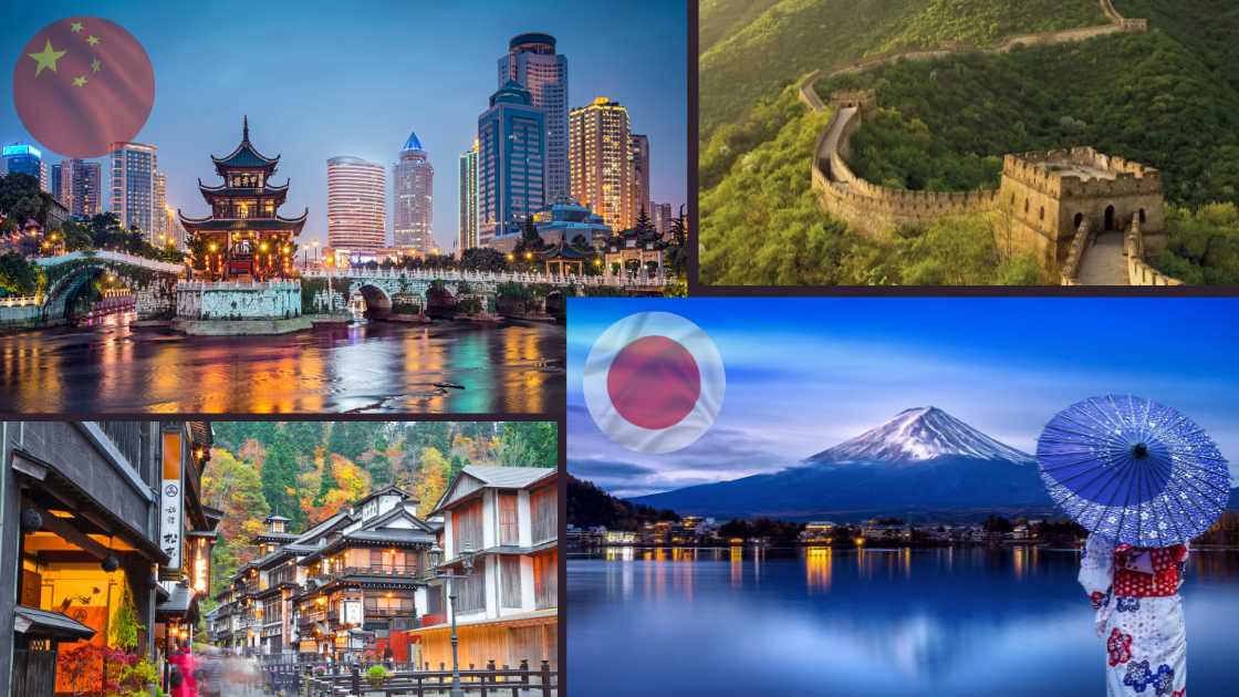 A collage of pictures of japanese and chinese cities.