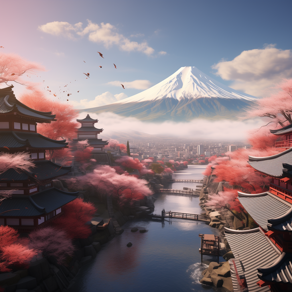 A japanese landscape with a river and mt fuji in the background.