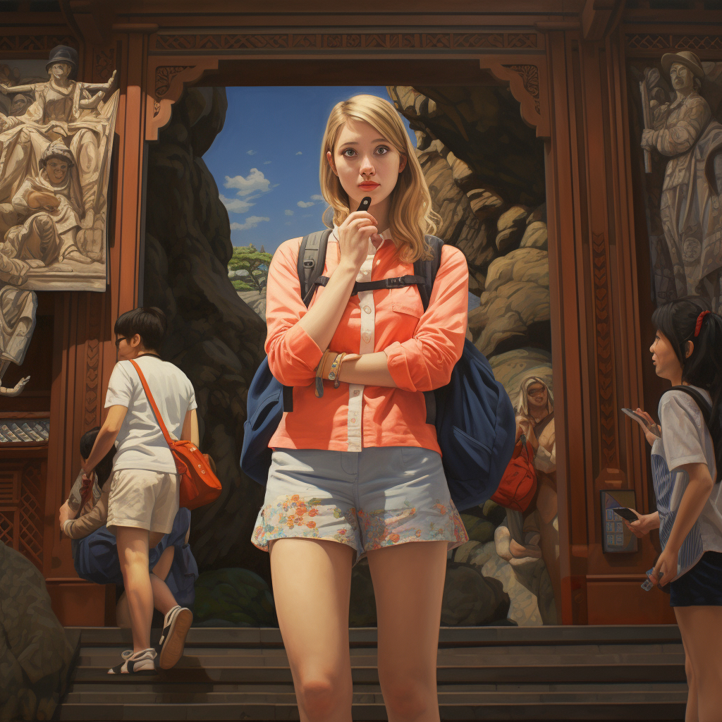 A girl is standing in front of a building with a backpack.