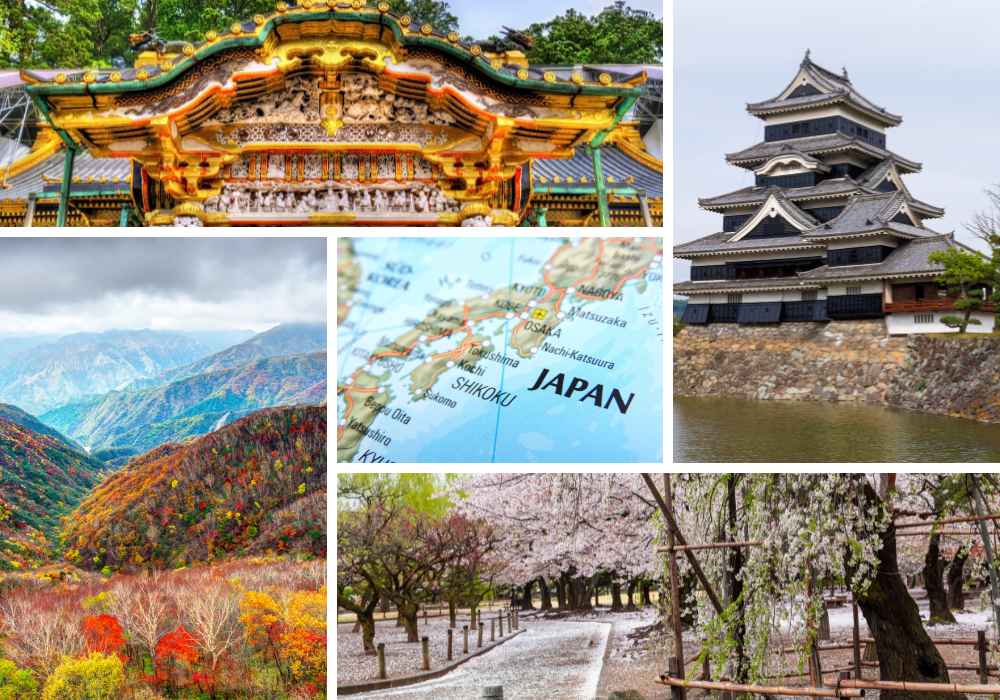 A collage of pictures of japan, including a pagoda and a waterfall.