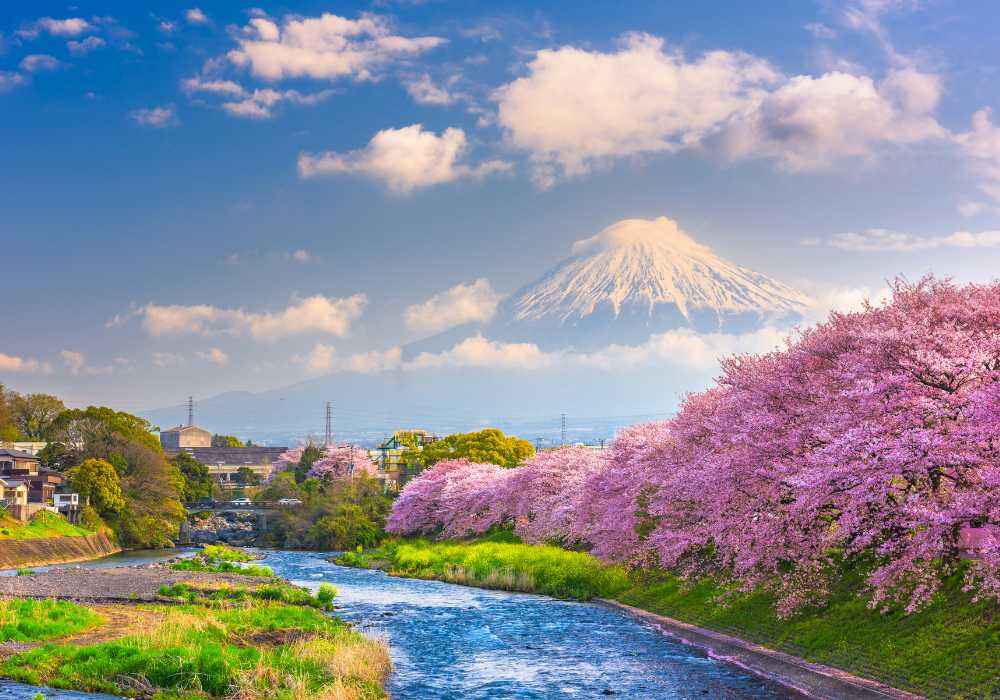 A river running through a city with a mountain in the background.