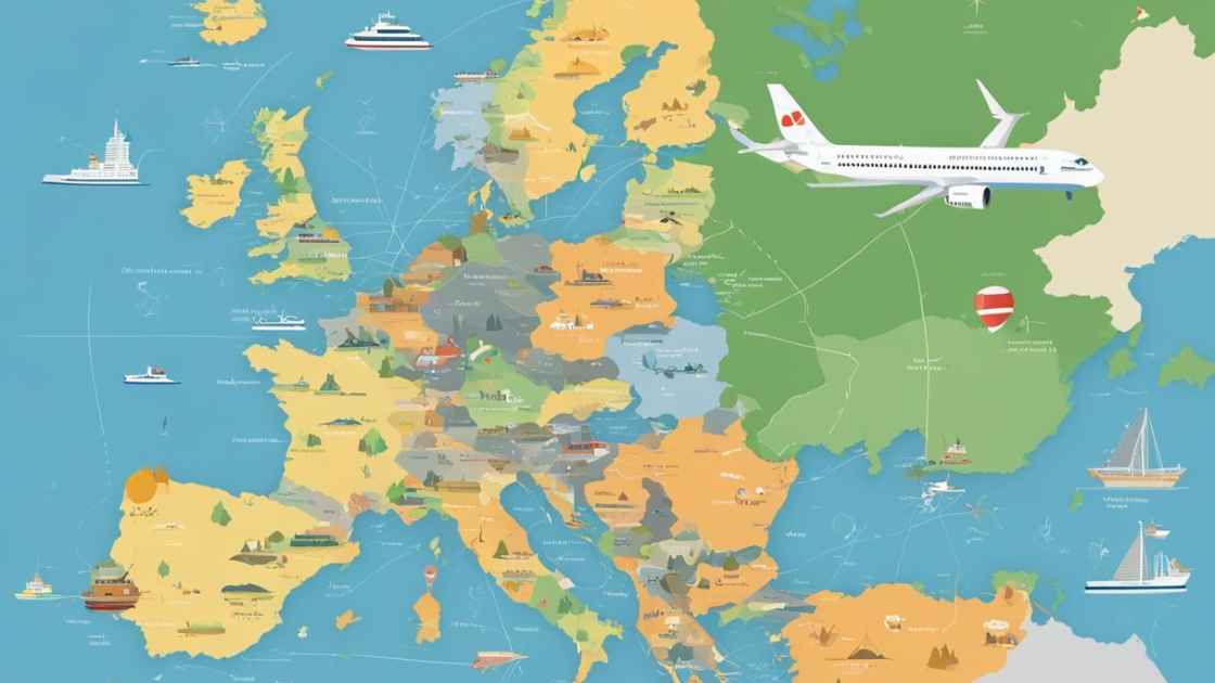 Illustrated map of europe with colorful countries, iconic landmarks, and various modes of transportation like ships and an airplane.