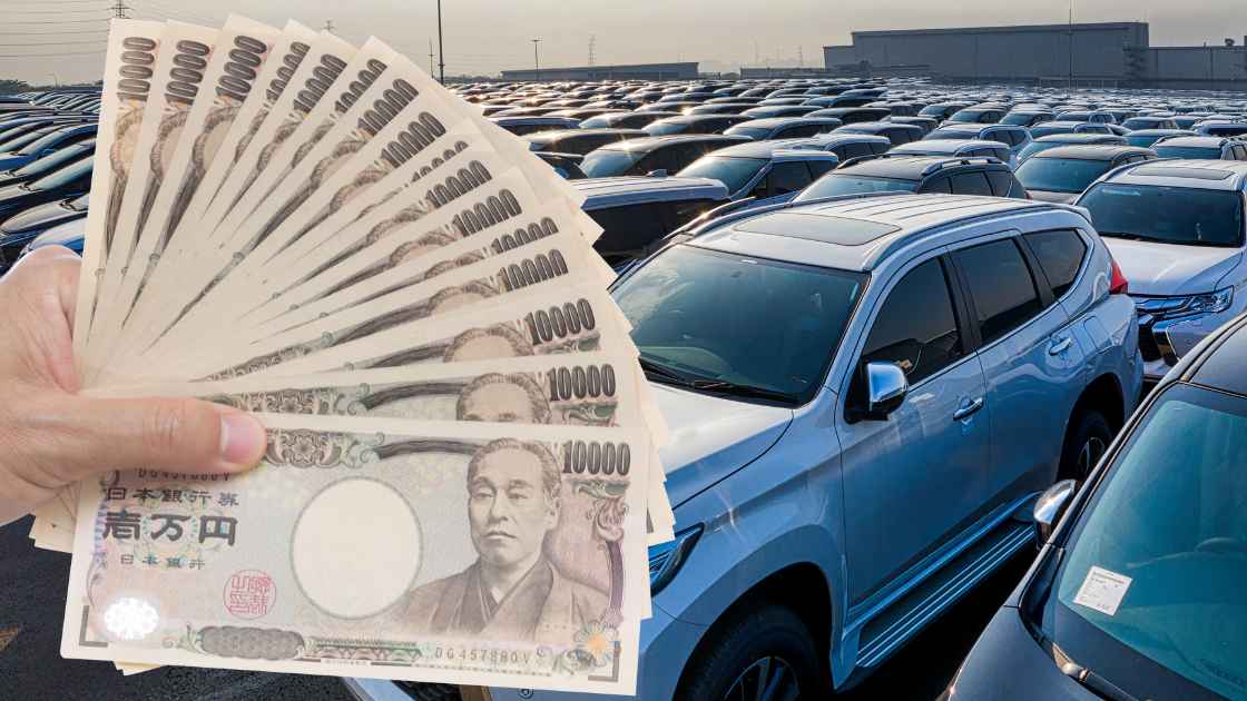 Hand holding japanese yen with a background of a crowded parking lot full of cars.