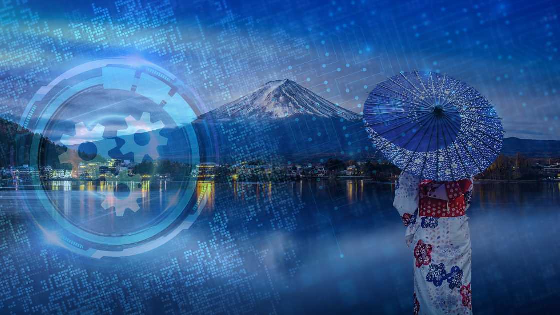 A person in a kimono holding an umbrella overlooks mount fuji, with digital elements and gears overlaying the scene, suggesting a blend of tradition and technology.