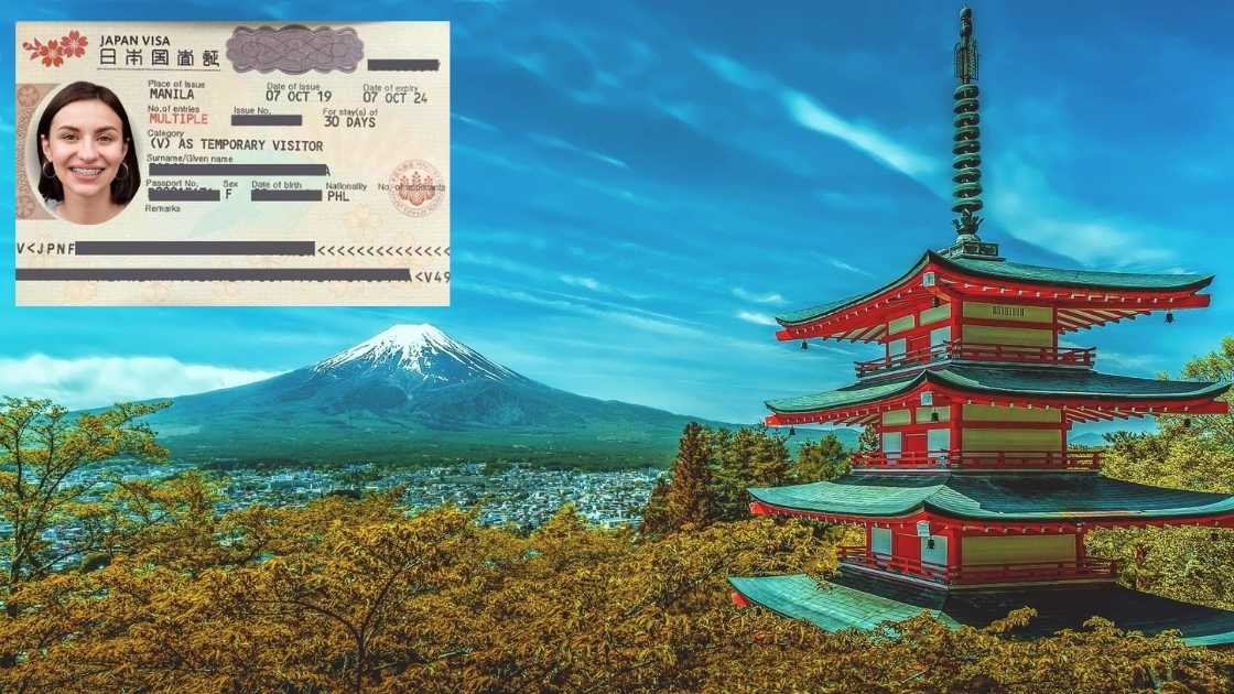 A composite image featuring a japan visa with a woman’s photo on the left and a scenic view of chureito pagoda and mount fuji on the right.