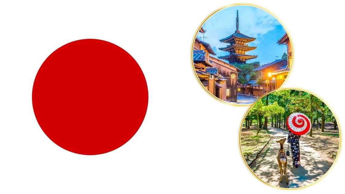 Three circular elements featuring a solid red circle, a scenic photo of a japanese pagoda at dusk, and a bicycle with a circular target design on a park pathway.
