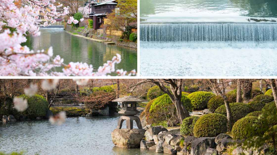 A collage of four images featuring a cherry blossom-lined canal, a close-up of a waterfall, and two serene japanese garden scenes with ponds and manicured trees.