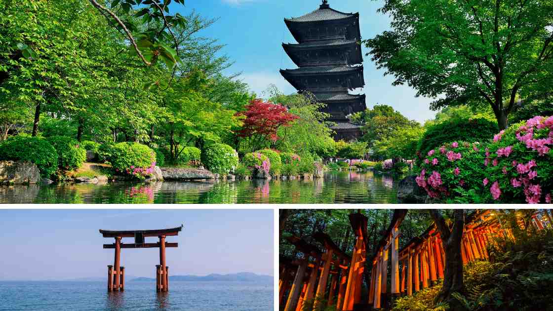 Collage of japanese scenes including a pagoda by a pond with blooming flowers, a torii gate in the sea, and a path lined with torii gates.