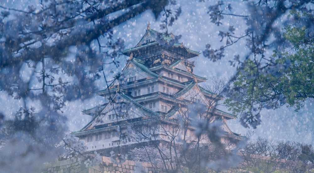 A traditional Japanese castle with green roofs is seen through cherry blossoms, with a snowy atmosphere adding a wintery feel.