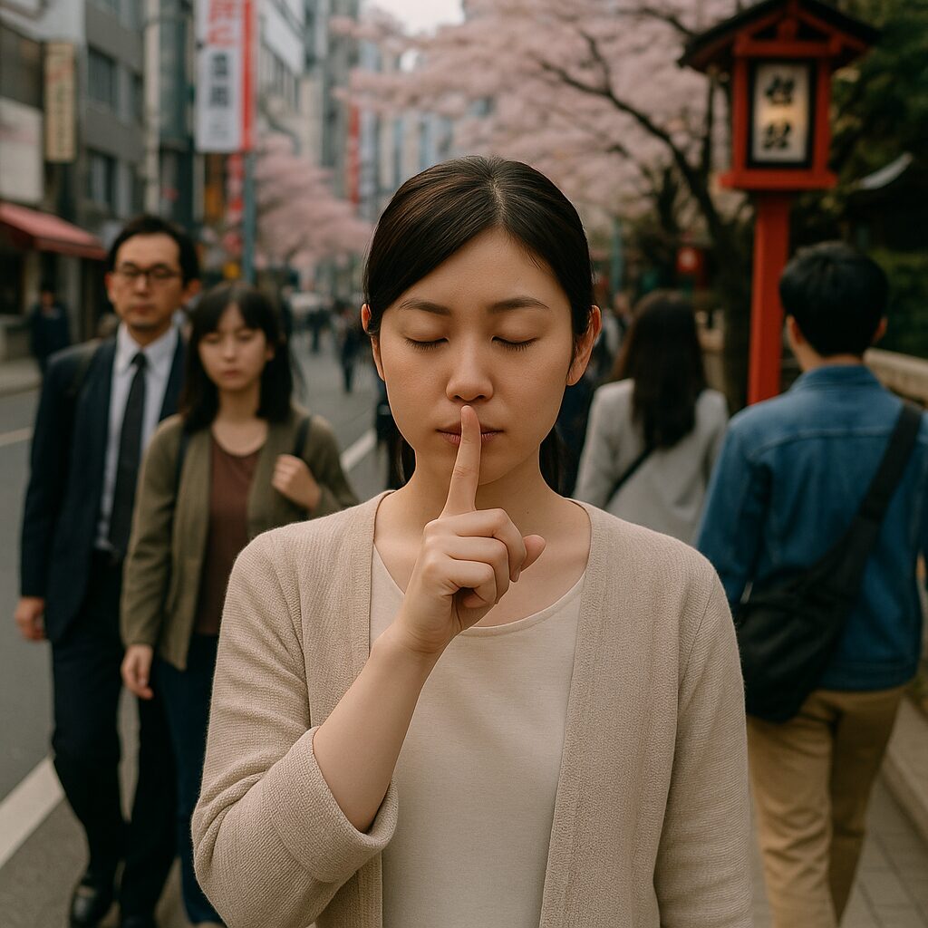 A woman stands on a city street with her eyes closed and finger to her lips, signaling for silence—capturing the essence of why Japan is so quiet—even as people walk by beneath blooming cherry blossoms.
