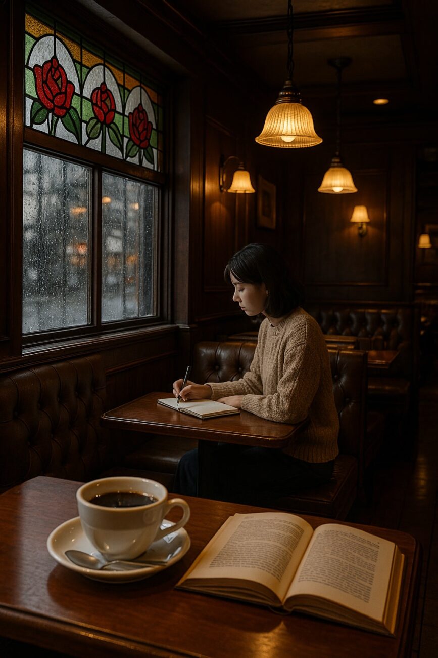 A person in a sweater writes in a notebook at a wooden table inside a cozy café with stained glass windows, embodying the perfect scene from "What to Do in Osaka When it Rains: Indoor Activities Guide." A cup of coffee and an open book lie invitingly on the table.