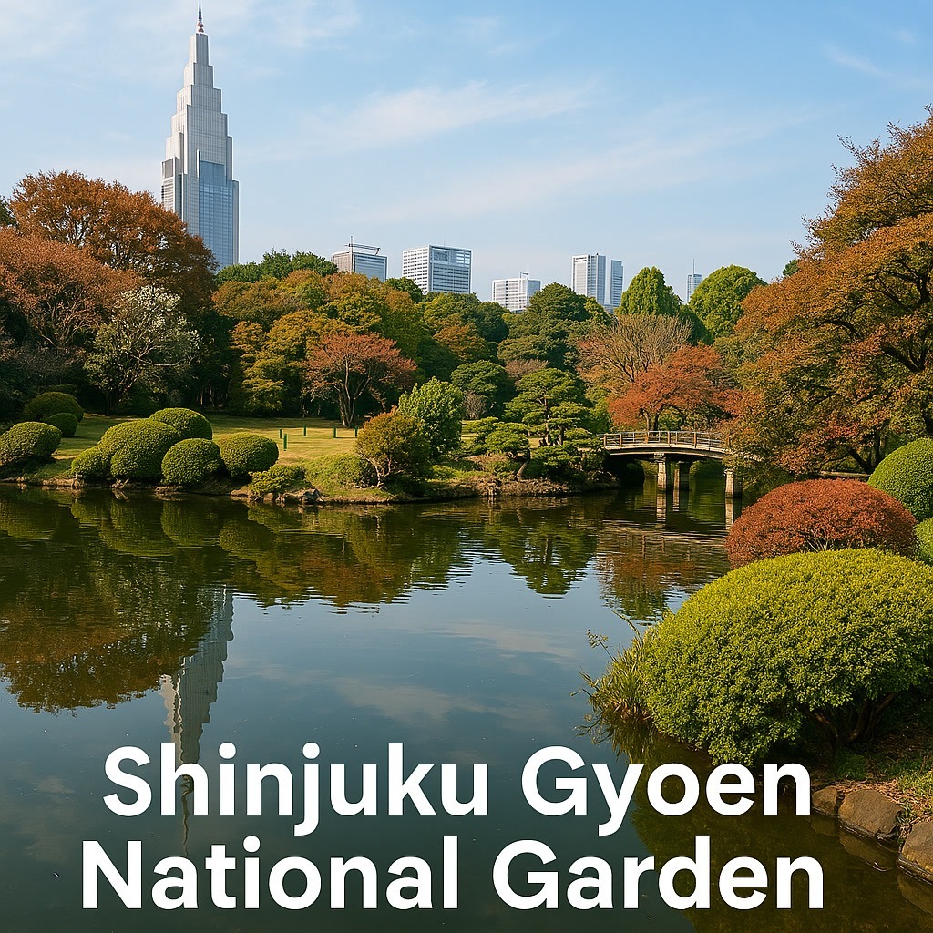 Shinjuku Gyoen National Garden, one of the best parks in Tokyo, boasts a serene pond, manicured shrubs, and majestic trees. The distant skyline features a tall building under a clear sky, adding an urban touch to this natural oasis.