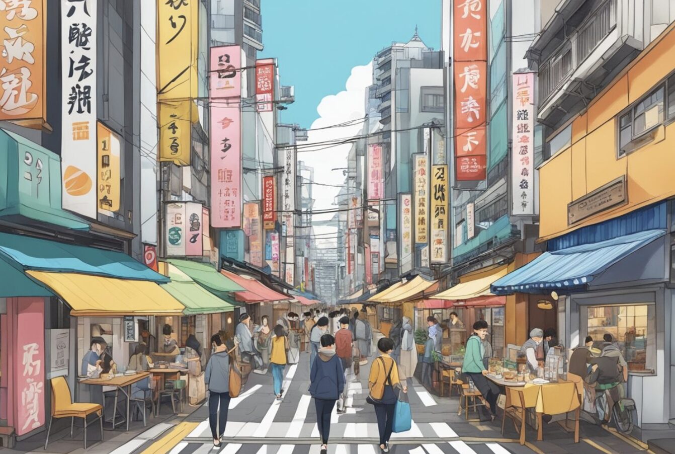 A lively street market scene with people walking and dining under colorful signs and awnings, surrounded by tall buildings.