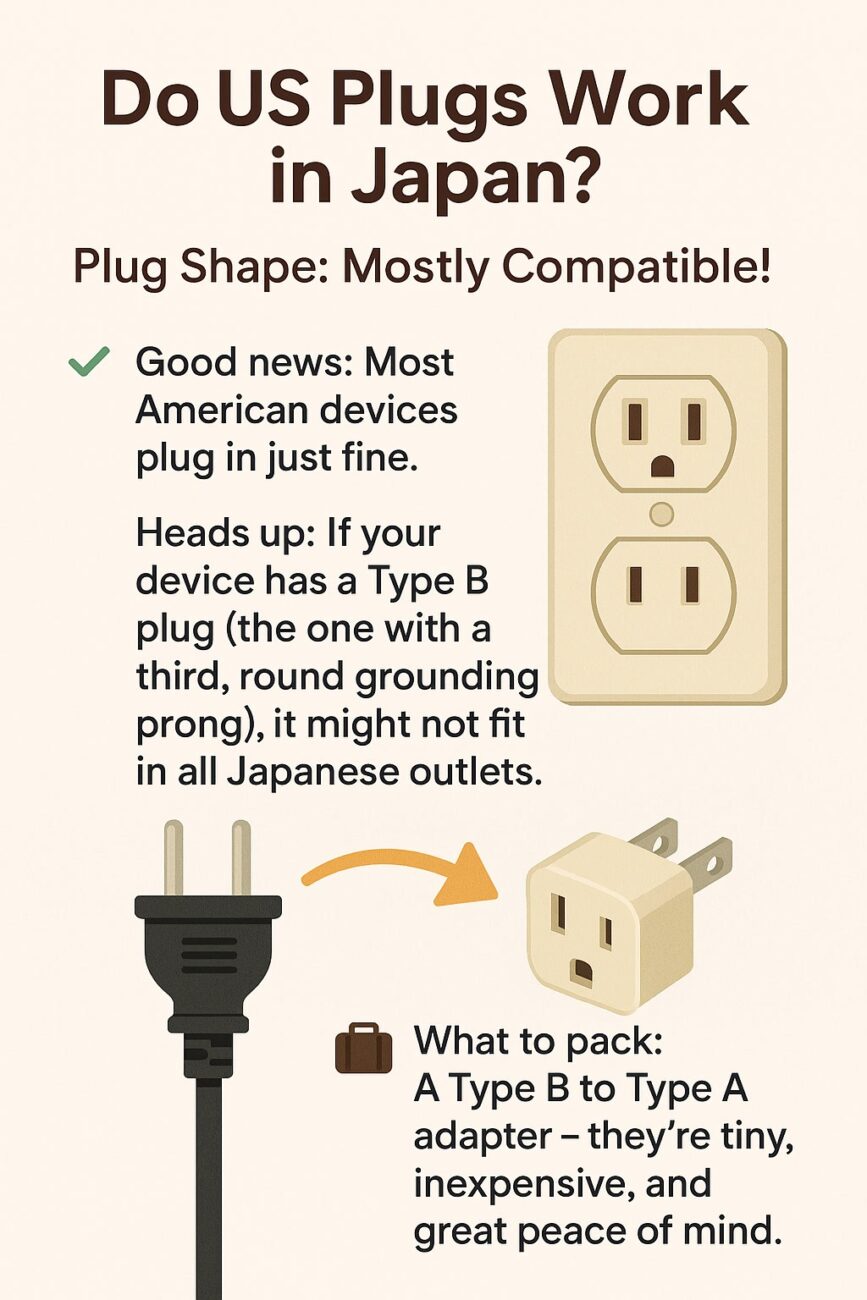Infographic titled "Do US Plugs Work in Japan?" explores the compatibility of Type A plugs while noting that Type B plugs may not fit. It recommends packing a Type B to Type A adapter for a seamless travel experience.