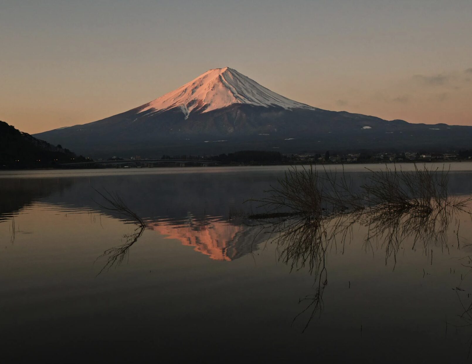 Mount Fuji at dawn with a snow-capped peak, reflected in calm lake water, surrounded by sparse reeds.