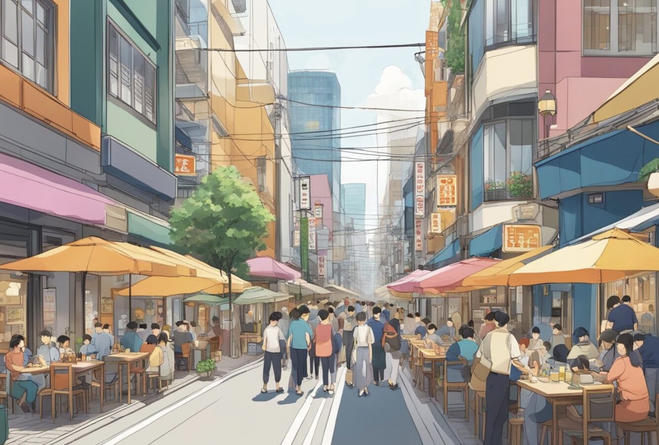 A bustling urban street scene with people walking and dining under colorful umbrellas, surrounded by tall buildings.