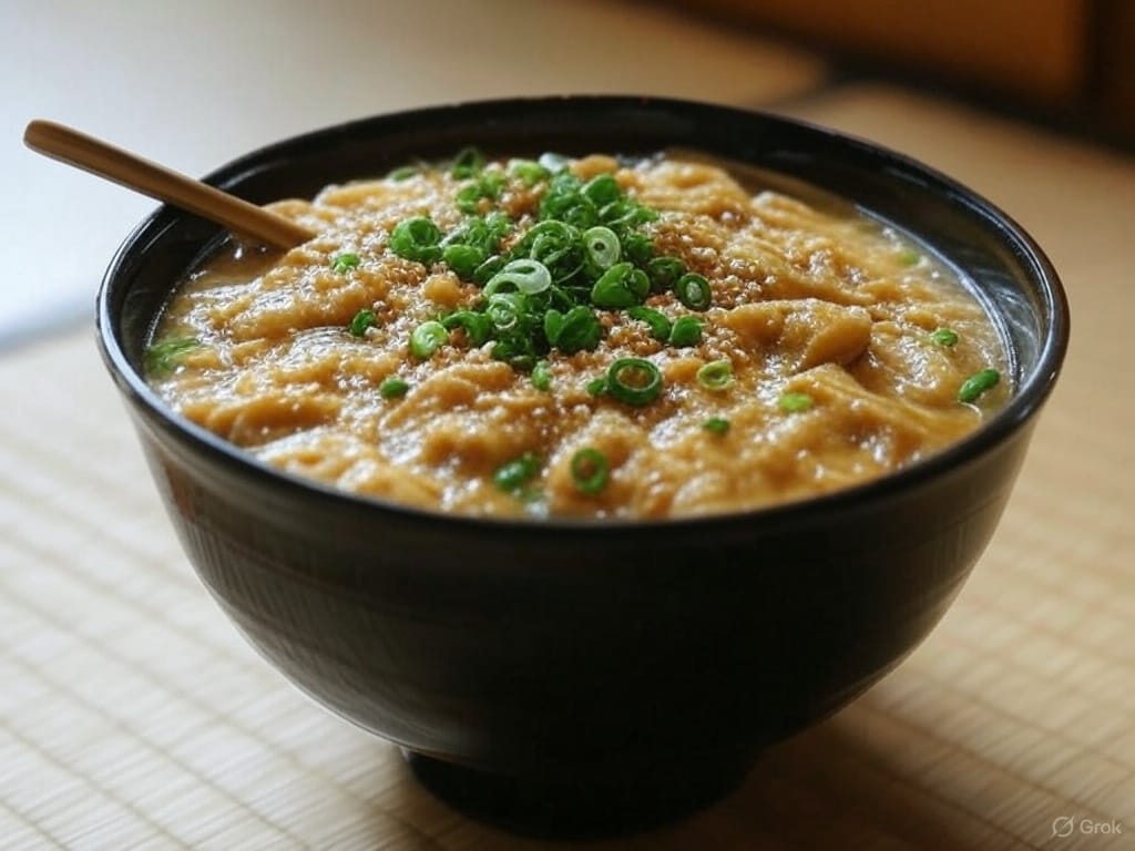 A black bowl filled with creamy curry udon topped with green onions and sesame seeds on a bamboo mat background.