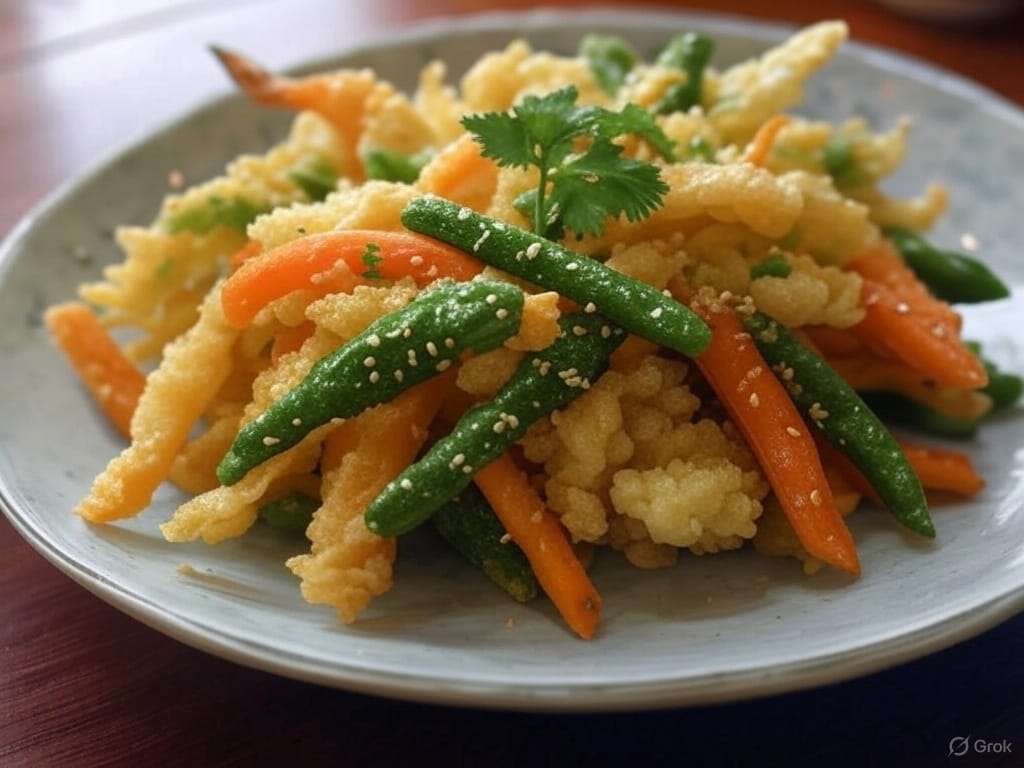 A plate of tempura vegetables, including green beans and carrots, garnished with sesame seeds and cilantro.