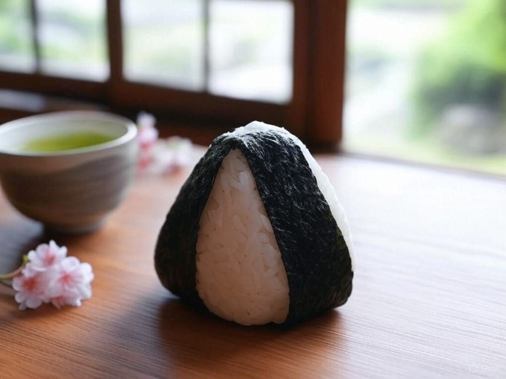 Onigiri with seaweed wrap on a wooden table near a ceramic cup, with cherry blossoms in the background.