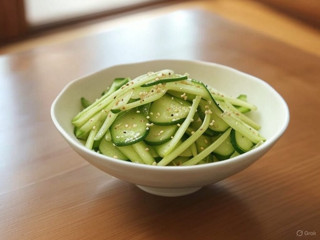 A white bowl filled with thinly sliced cucumbers and green vegetables, sprinkled with sesame seeds, on a wooden table.