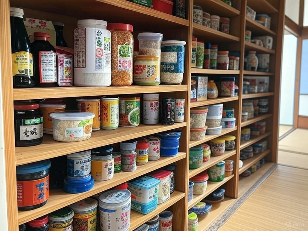 Wooden shelves stocked with various jars and containers of spices and condiments in a room with tatami mat flooring.