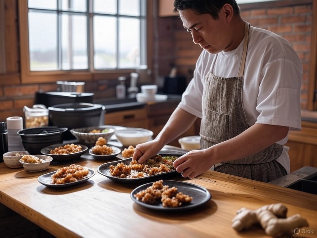 Chef arranging food on plates in a kitchen with wooden elements. Several dishes are ready on the counter, and various cooking tools are visible in the background.