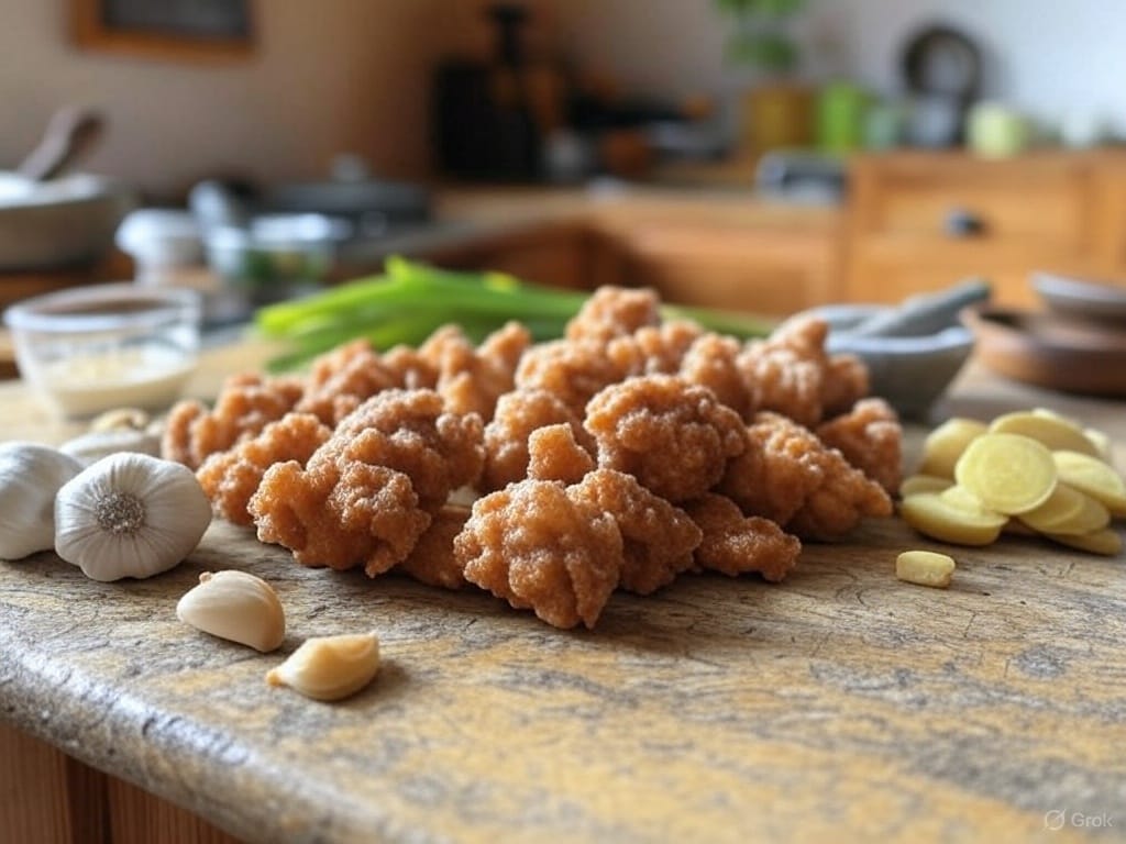 A wooden kitchen counter with fried chicken pieces, sliced ginger, garlic cloves, and other ingredients in the background.