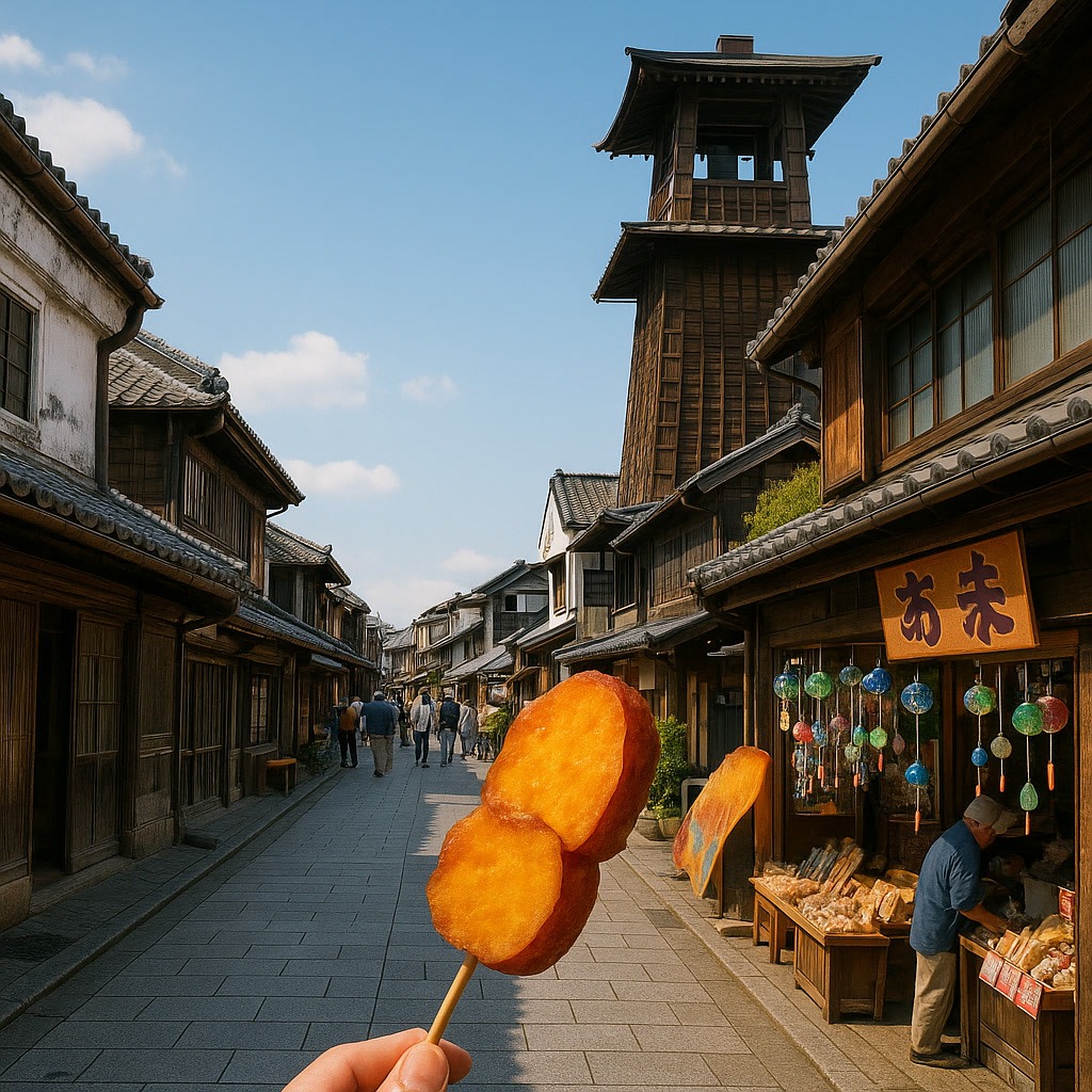 A hand holds skewered sweet potatoes on a traditional street lined with wooden buildings and shops, with a tall wooden tower in the background.