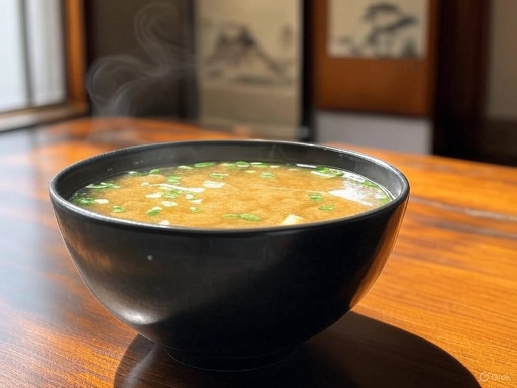 A bowl of steaming miso soup with green onions on a wooden table, in a sunlit room with traditional artwork in the background.